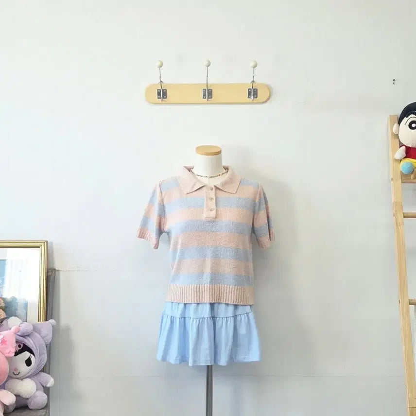[BUNJANG] FOUND Pink/Blue Collar Short Sleeve Knit Vest / 빈티지 만원샵 FOUND 핑크/블루 카라 반팔 니트