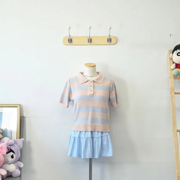 [BUNJANG] FOUND Pink/Blue Collar Short Sleeve Knit Vest / 빈티지 만원샵 FOUND 핑크/블루 카라 반팔 니트