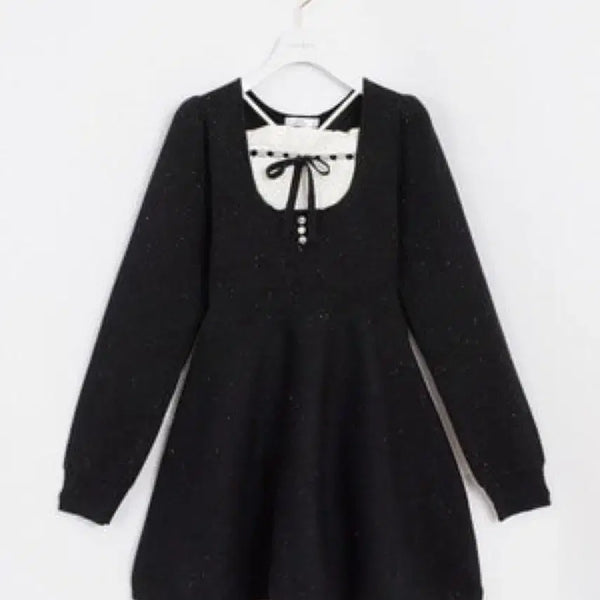 [BUNJANG] Evelyn Black Ribbon Collar Knit Dress / 블랙 리본 카라 니트 원피스 에블린 초커 리본 레이어드 펄 원피스