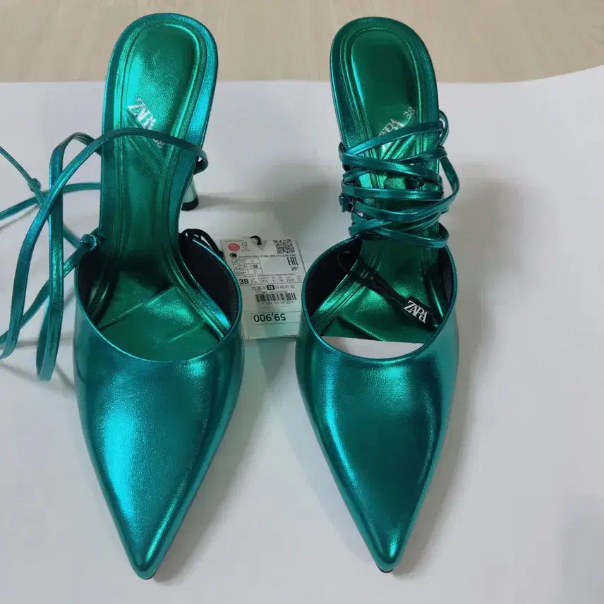 [BUNJANG] ZARA Metallic Green Strap Heels / 자라 메탈릭 그린 스트랩 힐