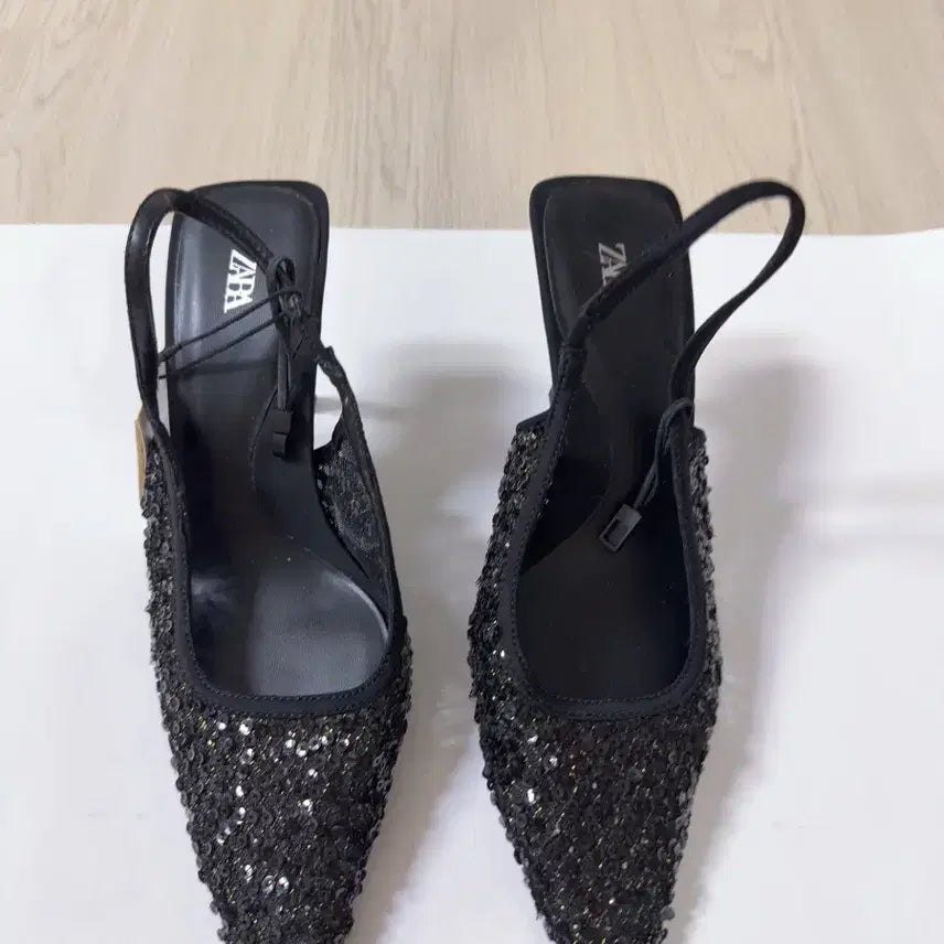 [BUNJANG] ZARA Sequin Slingback Mule Heels Black / 자라 스팽글 뮬 힐 블랙
