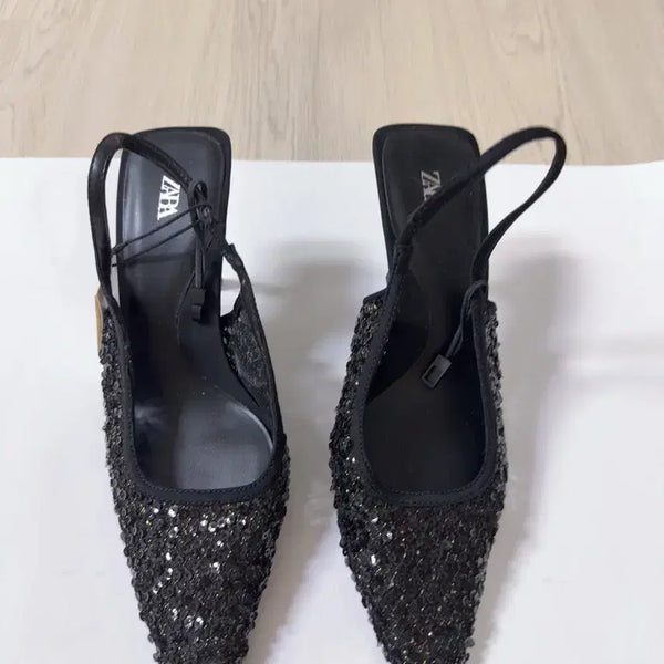 [BUNJANG] ZARA Sequin Slingback Mule Heels Black / 자라 스팽글 뮬 힐 블랙