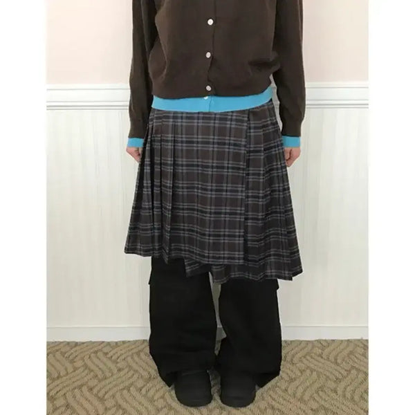 [BUNJANG] Layered Check Wrap Skirt Navy Khaki / 레이어드 체크 랩 스커트 네이비 카키 희미한