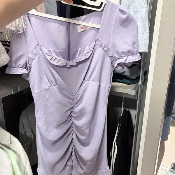 [BUNJANG] Purple Short Sleeve Shirring Mini Dress / 교신가능 연보라 반팔셔링원피스