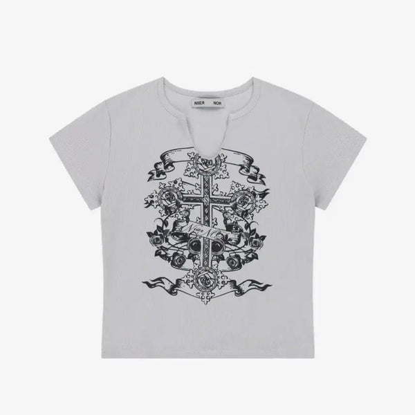 [BUNJANG] Nia Nior Cross Rose Crop Short Sleeve T-Shirt Light Grey / [니어노어] 크로스 로즈 크롭 반팔 라이트 그레이