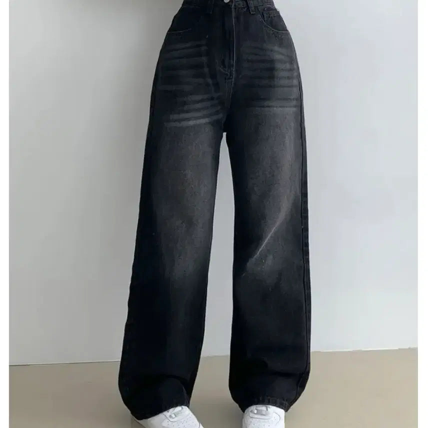 [BUNJANG] Washing High-Waisted Wide Leg Denim Pants / 워싱 하이웨스트 와이드 데님 팬츠 흑청바지