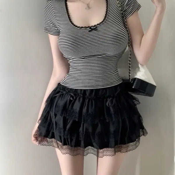 [BUNJANG] Black Lace Tiered Mini Skirt / 블랙 발레코어 레이스캉캉 허리밴딩 미니스커트시즈니룩에이블리