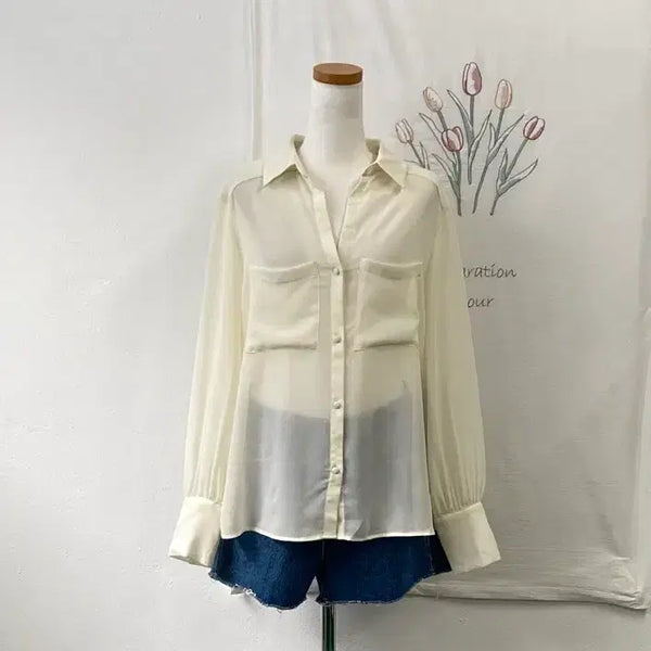 [BUNJANG] Zara Sheer Pocket Blouse Ivory / 자라ZARA 시스루 포켓 블라우스 아이보리 261