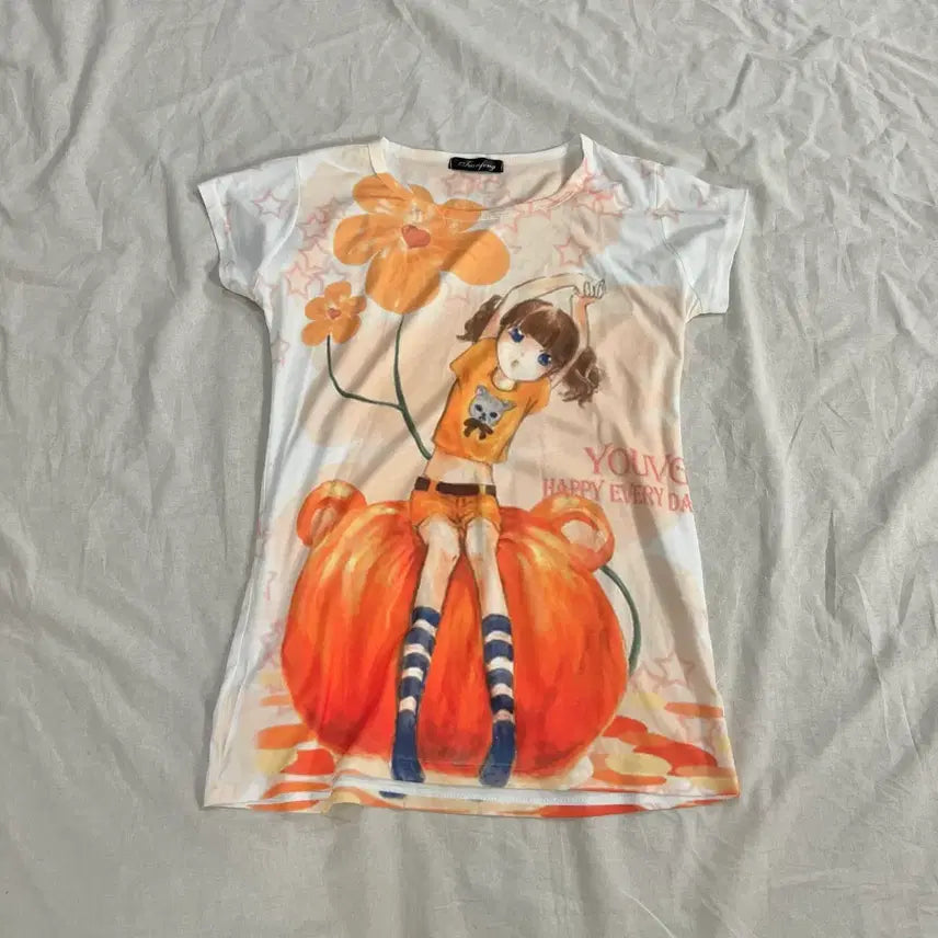 [BUNJANG] Y2K W2CK Printing Pumpkin Girl Short Sleeve T-Shirt / 모리걸 y2k 와투케 프린팅 호박 소녀 반팔 티셔츠