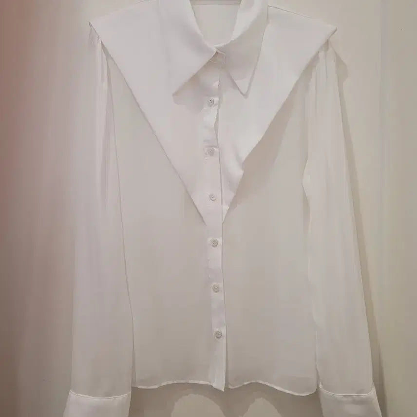 [BUNJANG] LB White Big Collar See-Through Blouse / LB 화이트 빅카라 시스루 블라우스 55~66