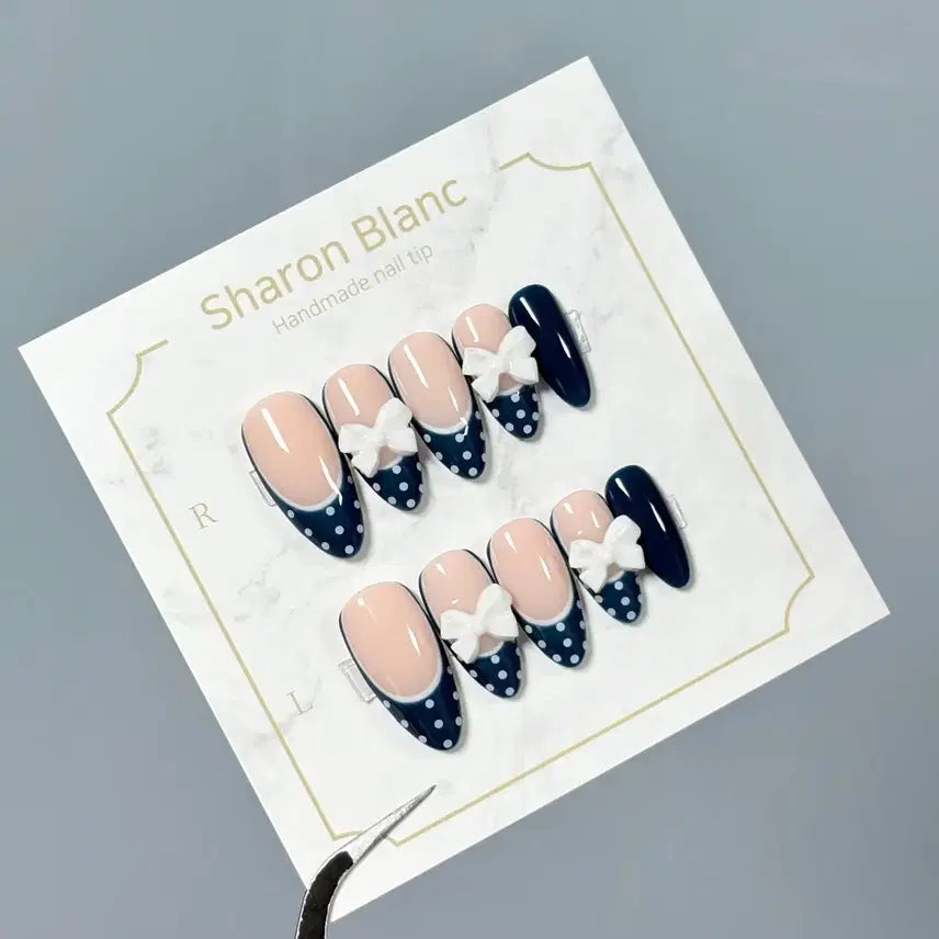 [BUNJANG] Navy Ribbon Dot French Nail Tips - 15 Shape Options / 네이비 리본 도트 프렌치 네일팁 / 15종 쉐입