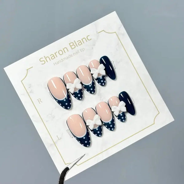 [BUNJANG] Navy Ribbon Dot French Nail Tips - 15 Shape Options / 네이비 리본 도트 프렌치 네일팁 / 15종 쉐입