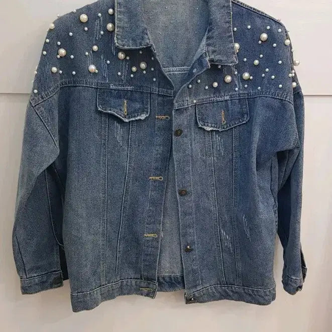 [BUNJANG] Pearl Embellished Denim Jacket / 진주 데님 청자켓  프리 가단60기장56