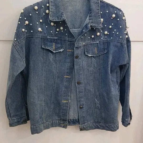 [BUNJANG] Pearl Embellished Denim Jacket / 진주 데님 청자켓  프리 가단60기장56