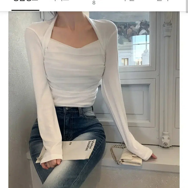 [BUNJANG] Chiffon Bolero T-Shirt Charcoal, Black / 쉬폰 볼레로 티셔츠 차콜, 블랙