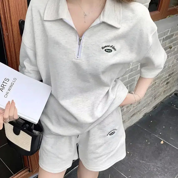 [BUNJANG] Natural Half-Zip Up T-shirt + Shorts Set / 내추럴 하프집업 반팔상하세트 (무료배송)