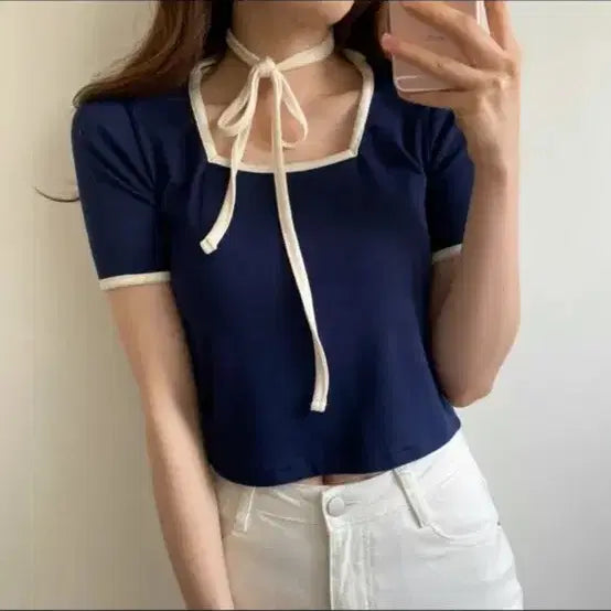[BUNJANG] Navy Square Neck Ribbon Blouse Short Sleeve T-shirt / 네이비 스퀘어넥 리본 블라우스 리본 타이 반팔 티셔츠