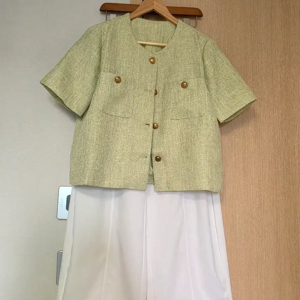 [BUNJANG] Mint Green Tweed Short Sleeve Jacket + White Wide Leg Pants Set / 연두색 트위드 반팔 자켓 + 흰색 와이드 슬랙스 세트
