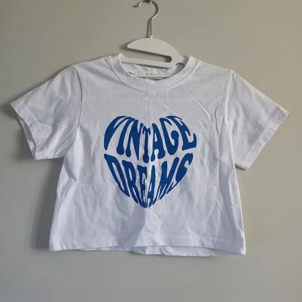 [BUNJANG] White Heart Graphic Cropped T-Shirt / 하트 반팔 크롭 티셔츠