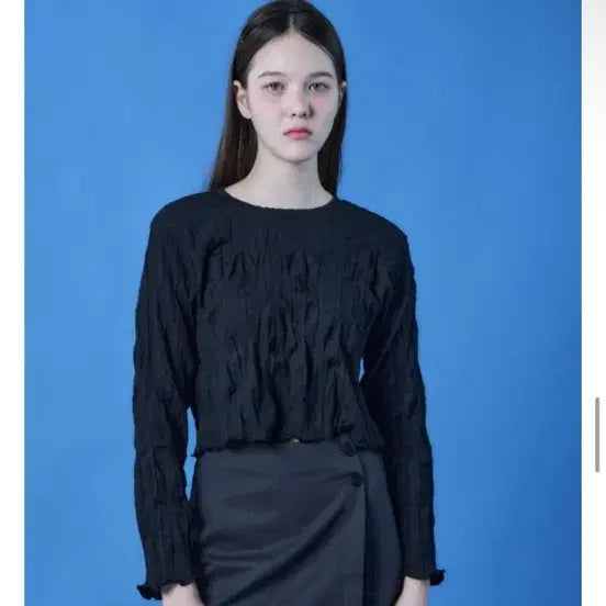[BUNJANG] Wrinkle Basic Crop Long Sleeve T-Shirt Black / 콜릿 크롭 긴팔티셔츠 블랙