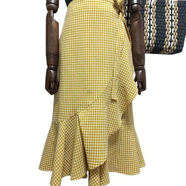 [BUNJANG] Yellow Plaid Ruffle Midi Wrap Skirt / 체크 랩 스커트