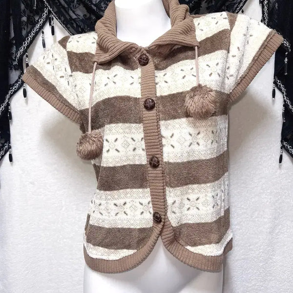 [BUNJANG] Latte Gyaru Brown Nordic Knit Cardigan Vest / 라떼갸루 브라운 노르딕 반팔 폼폼 니트가디건 조끼 너드 모리 괴짜 핀터