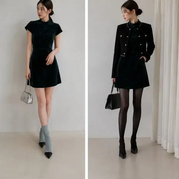[BUNJANG] Sandro Deep Green Velour Mini Dress / 산드로(SANDRO) 딥그린 벨루어 미니 원피스