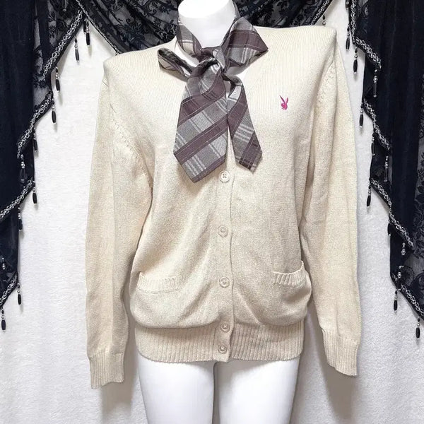 [BUNJANG] Playboy Kogal Latte Beige Knit Cardigan School Look / 플레이보이 코갸루 라떼 베이지 니트가디건 스쿨룩 교복 핀터 러블리 너드