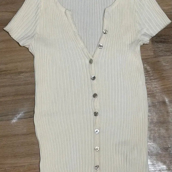 [BUNJANG] Common Unique Cream Ribbed Short Sleeve Knit / [커먼유니크] 크림색 골지 반팔 니트(7월할인중)