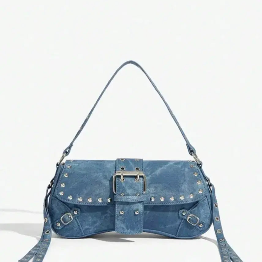 [BUNJANG] Denim Studded Shoulder Bag - Blue / 데님 스터드 숄더백 블루