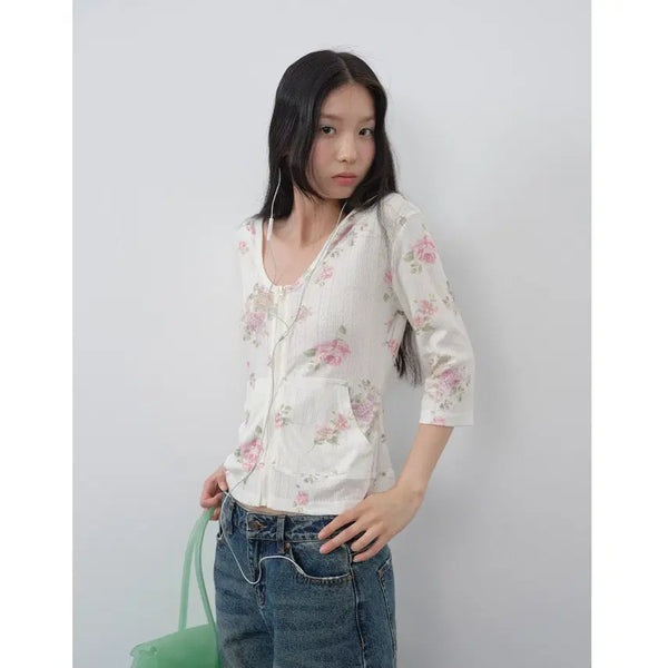 [BUNJANG] Floral Print Summer Hooded Cardigan / DKZ 플로럴 프린트 여름 후드 집업 가디건