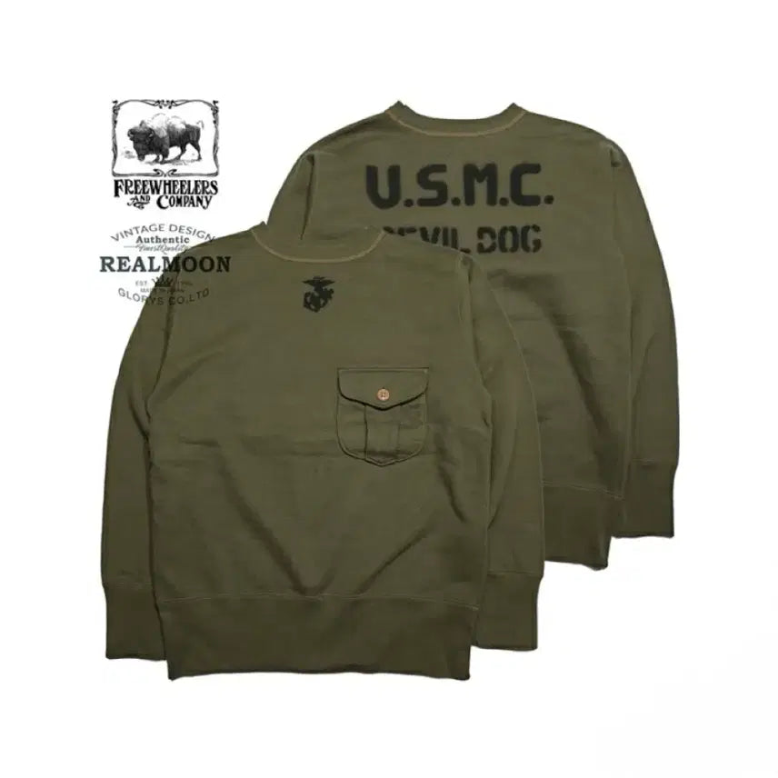 [BUNJANG] Freewheelers "U.S.M.C. DEVIL DOG" 30s Sweatshirt Olive Size 42 / [42]프리휠러스 "U.S.M.C.DEVIL DOG" 30s 스웻 셔츠