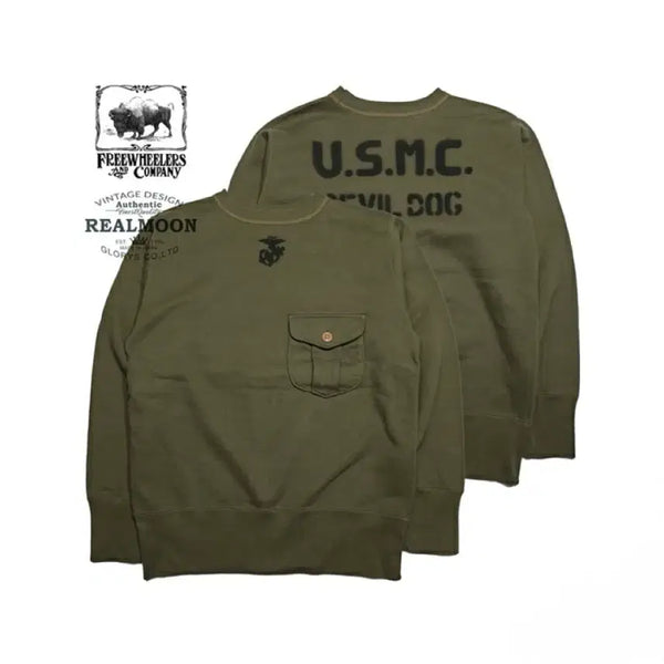 [BUNJANG] Freewheelers "U.S.M.C. DEVIL DOG" 30s Sweatshirt Olive Size 42 / [42]프리휠러스 "U.S.M.C.DEVIL DOG" 30s 스웻 셔츠