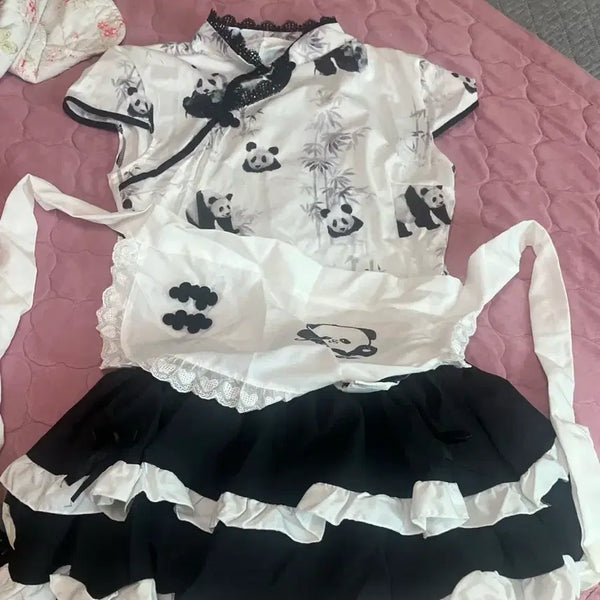 [BUNJANG] Panda Printing Pure White Lolita Dress Maid Outfit / 팬더 프린팅 퓨어 화이트 로리타 원피스 메이드복