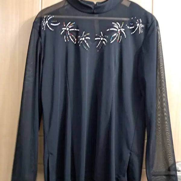 [BUNJANG] Black See-through Beaded Long-Sleeve Blouse / 블랙 시스루 비즈 장식 긴팔 블라우스