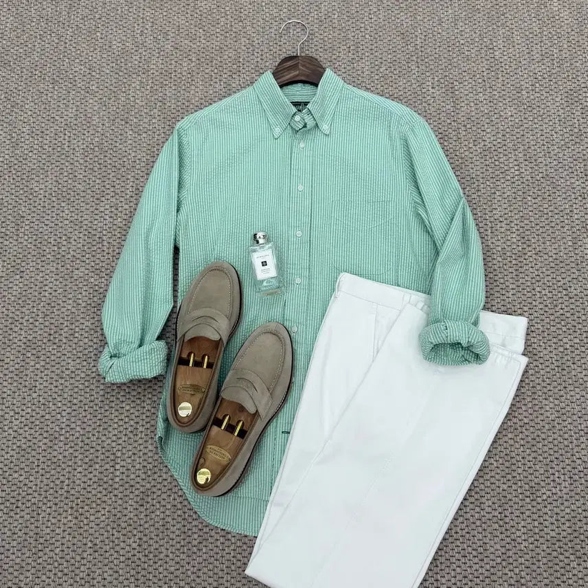 [BUNJANG] Gitman Bros. Vintage Green Stripe Seersucker Button-Down Shirt / 깃먼 브로스 빈티지 그린 스트라이프 시어서커 버튼다운