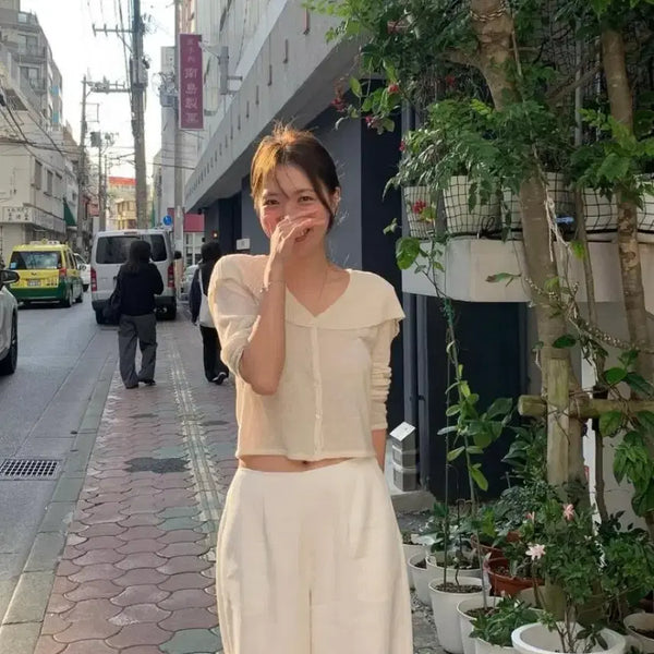 [BUNJANG] Tannat Fold Over Cardigan Layered Ivory Knit Linen Off-Shoulder Cooling Summer / 타낫 폴드 오버 가디건 레이어드 아이보리 니트 린넨 오프숄더 쿨링 여름