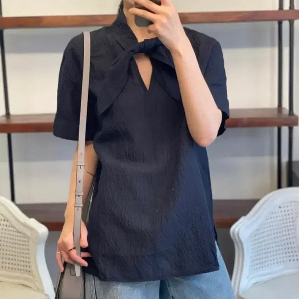 [BUNJANG] COS Navy Textured Bow Blouse / COS 네이비 텍스처 보우 타이 블라우스 코스 리본 반팔블라우스 셔츠