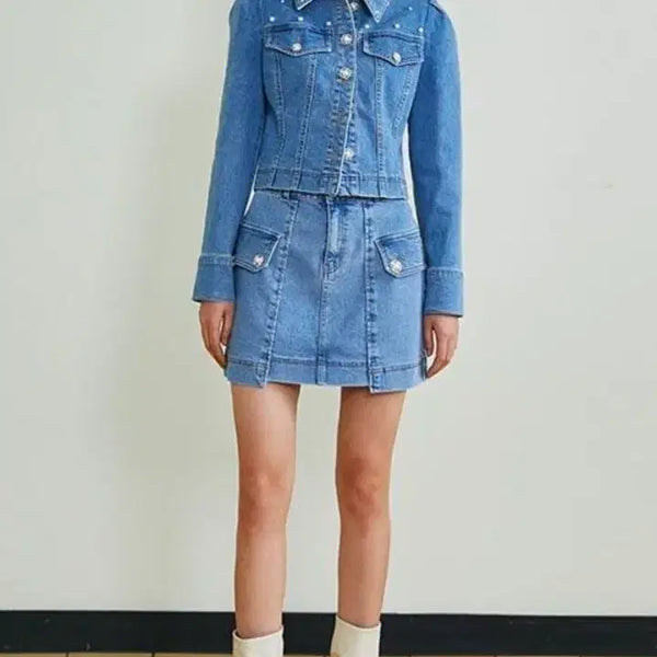 [BUNJANG] Egoist Denim Jacket and Skirt Set Pearl Embellishment / 에고이스트 데님쟈켓/스커트 세트 (새상품)