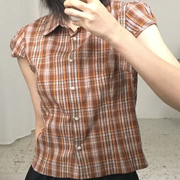 [BUNJANG] Check Short Sleeve Blouse / 체크 반팔 셔츠 블라우스