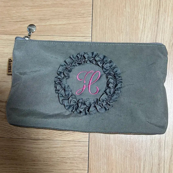 [BUNJANG] Dams Gray Cosmetic Pouch with Pink 'H' Embroidery / dams 파우치 그레이 화장품 파우치 여행용 파우치
