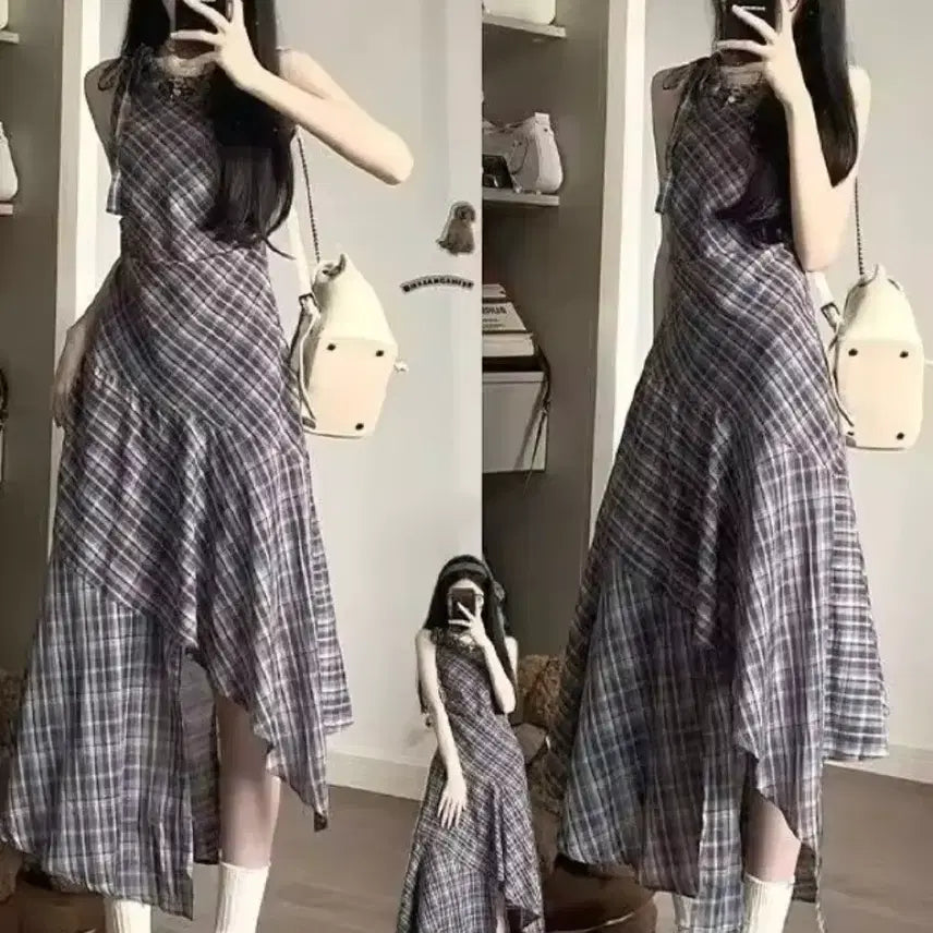 [BUNJANG] Check Pattern Asymmetrical Long Dress S / 체크 패턴 언발란스 롱 원피스 S