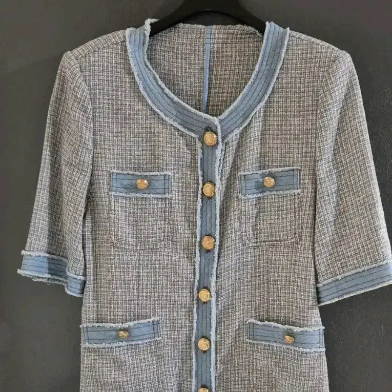[BUNJANG] Jouloug Tweed Short Sleeve Jacket with Denim Trim / 줄로그 트위드 반팔 자켓 데님 트리밍