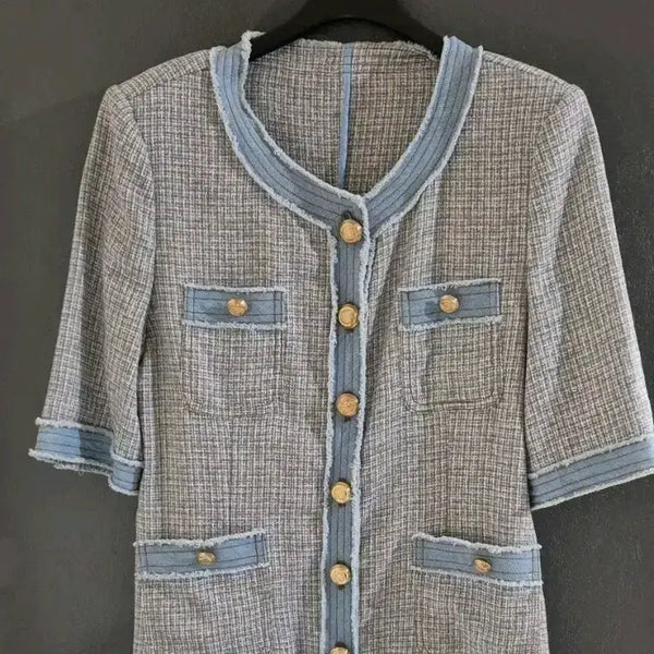 [BUNJANG] Jouloug Tweed Short Sleeve Jacket with Denim Trim / 줄로그 트위드 반팔 자켓 데님 트리밍
