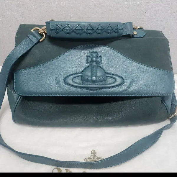 [BUNJANG] Vivienne Westwood Turquoise Leather Tote Shoulder Bag / 비비안웨스트우드 토트백 숄더백 청록색