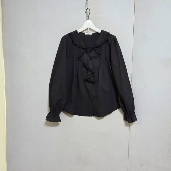 [BUNJANG] Ashley Store V-Neck Ruffle Black Blouse / 브이넥 프릴 블랙 블라우스 FF   n6100
