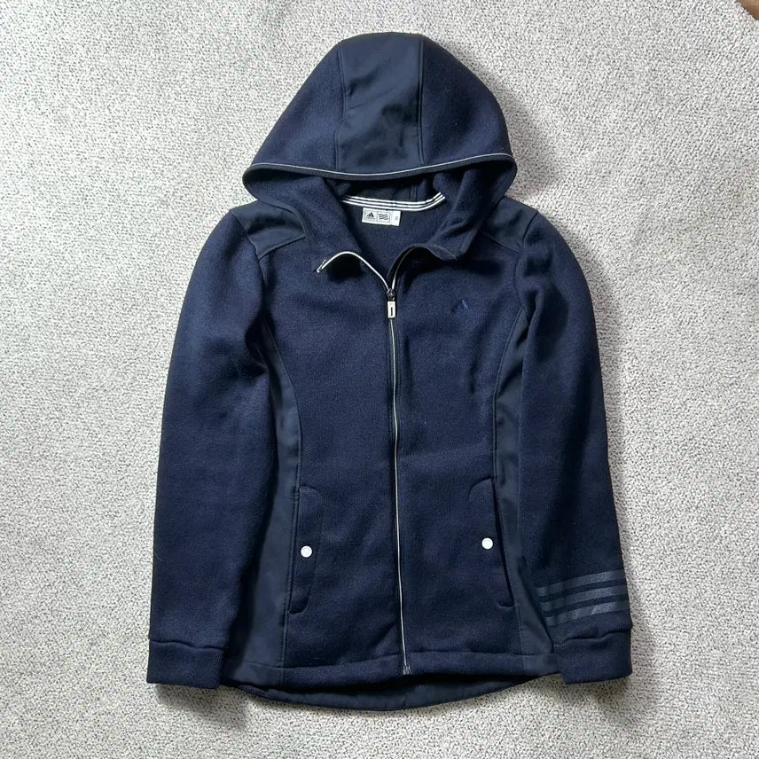 [BUNJANG] Adidas Women's Navy Fleece Hooded Zip-Up Jacket (Size 95) / 아디다스 소매삼선 기모 후드 집업 자켓 여성용 네이비 95 HU9708