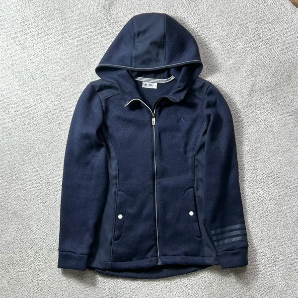 [BUNJANG] Adidas Women's Navy Fleece Hooded Zip-Up Jacket (Size 95) / 아디다스 소매삼선 기모 후드 집업 자켓 여성용 네이비 95 HU9708