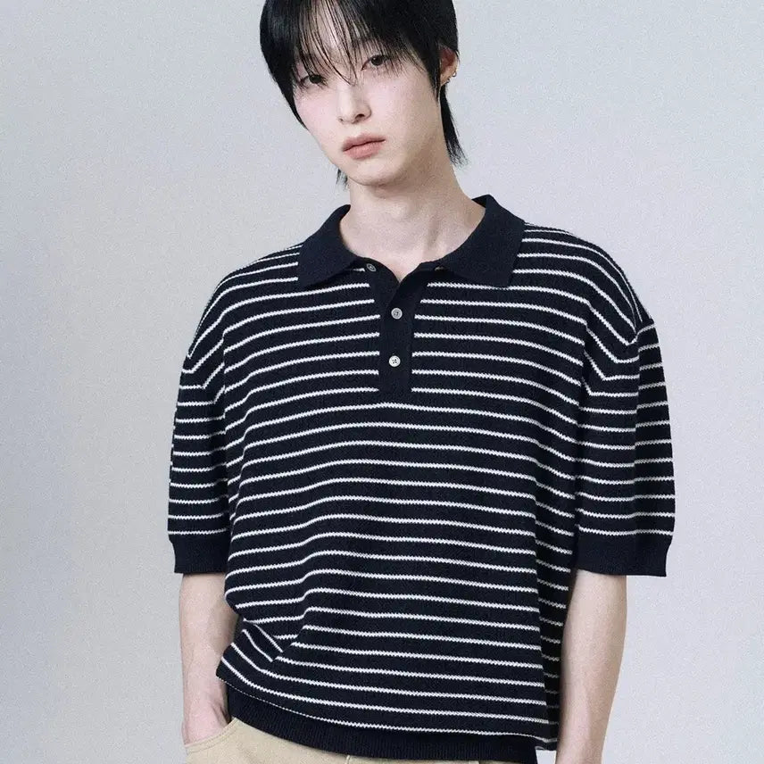 [BUNJANG] MooVun Striped Collar Short-Sleeve Knit / 무븐 스트라이프 카라 반팔 니트 새제품 싸게 팔아요