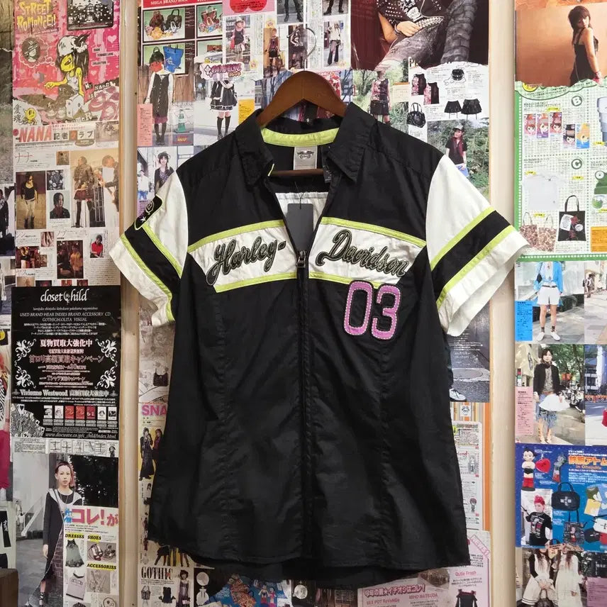 [BUNJANG] Harley-Davidson Wings Print Embroidery Short Sleeve Zip-Up Shirt / 할리데이비슨 윙스 프린팅 자수 반팔 셔츠 집업